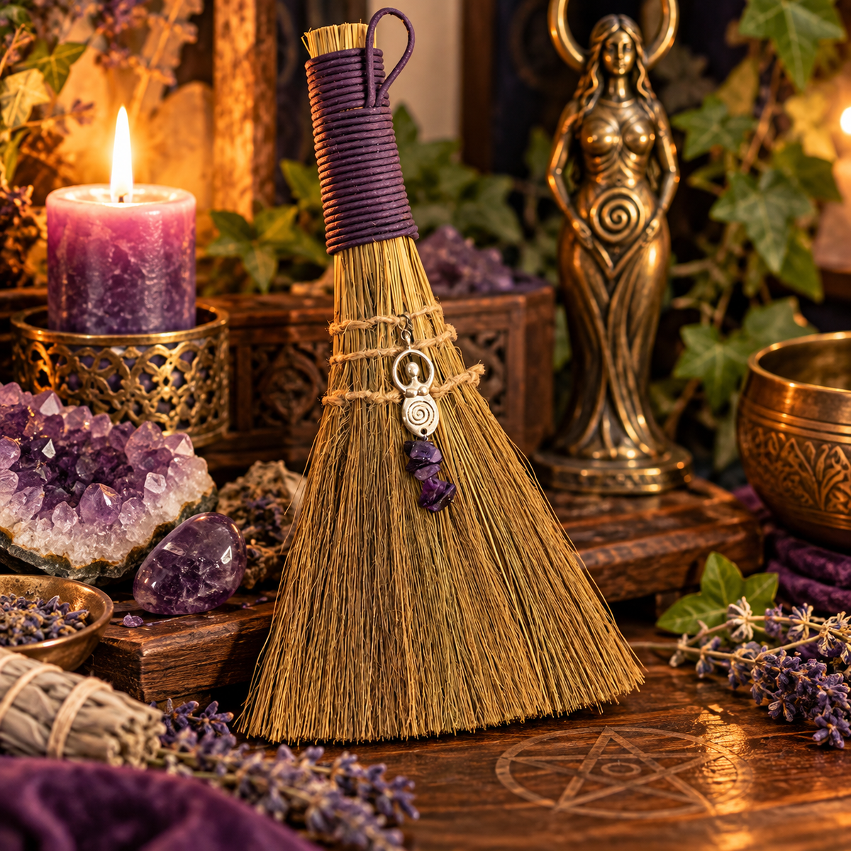 Balai d'autel Déesse avec améthyste – Purification et protection énergétique