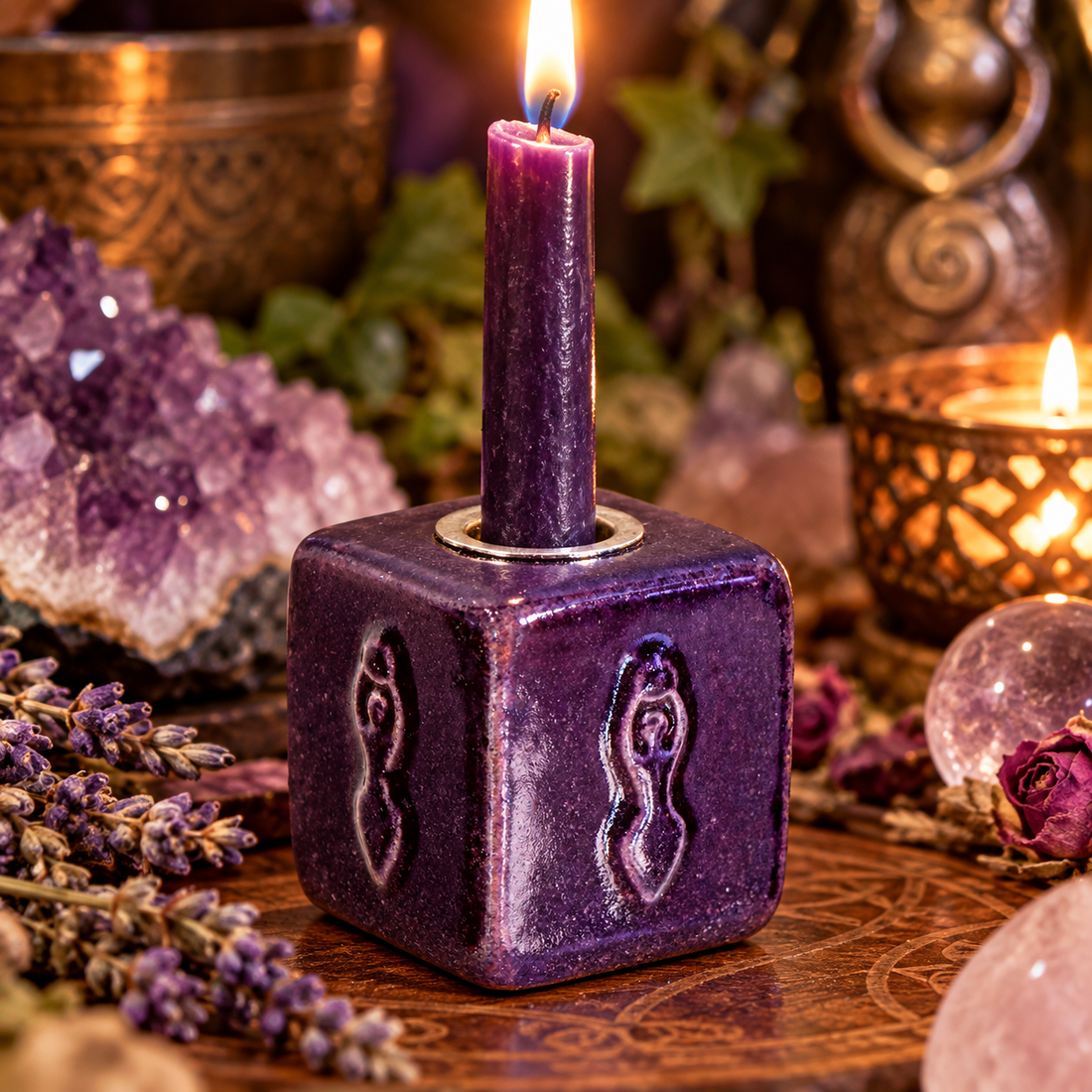 Mini bougeoir Déesse violet en céramique
