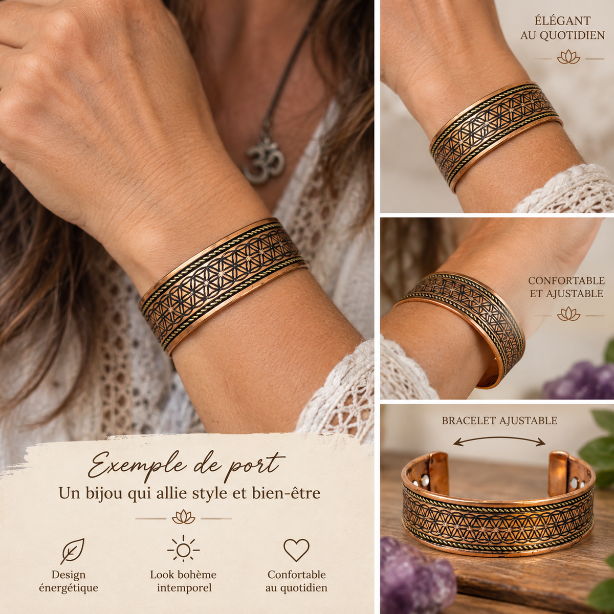 Bracelet magnétique Fleur de Vie en cuivre antique – avec aimants, photo 2