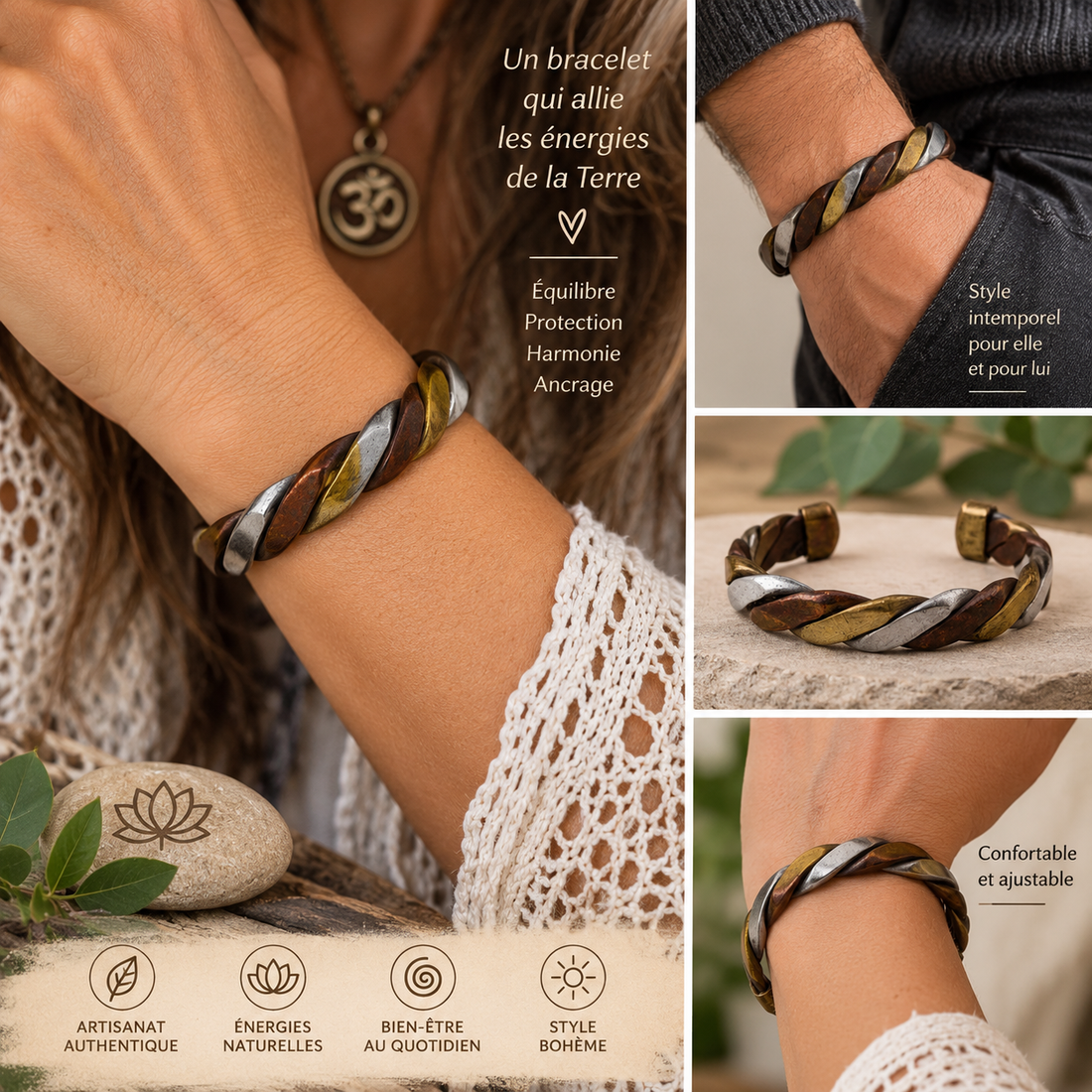 Bracelet torsadé tricolore en cuivre et laiton – Ajustable