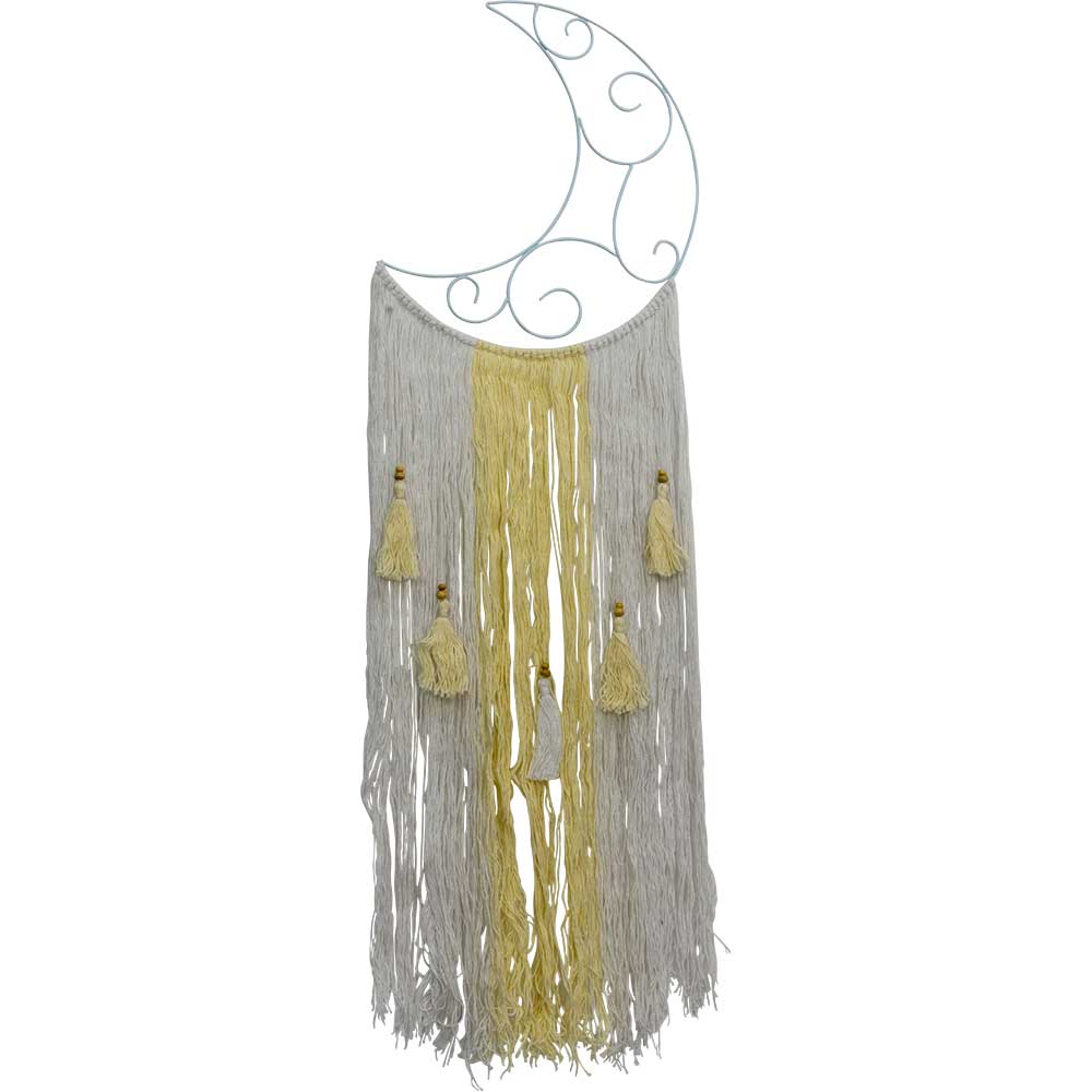 Décoration bohème murale Lune en métal avec franges et pompons – 11x34pouces