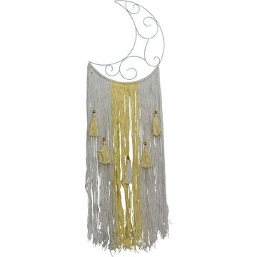 Décoration bohème murale Lune en métal avec franges et pompons – 11x34pouces
