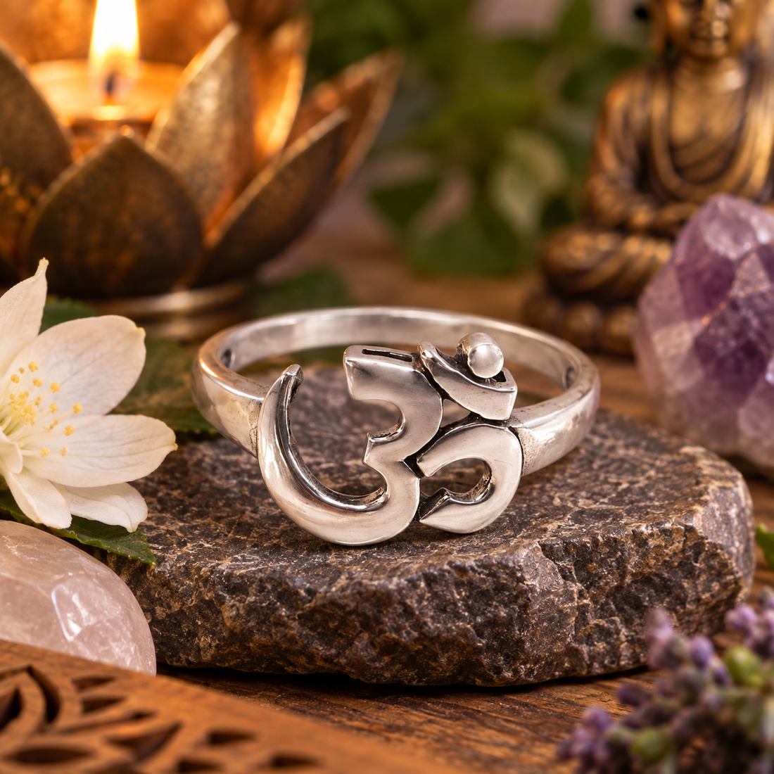 Bague Om en argent sterling 925 – Symbole sacré 12 x 11 mm