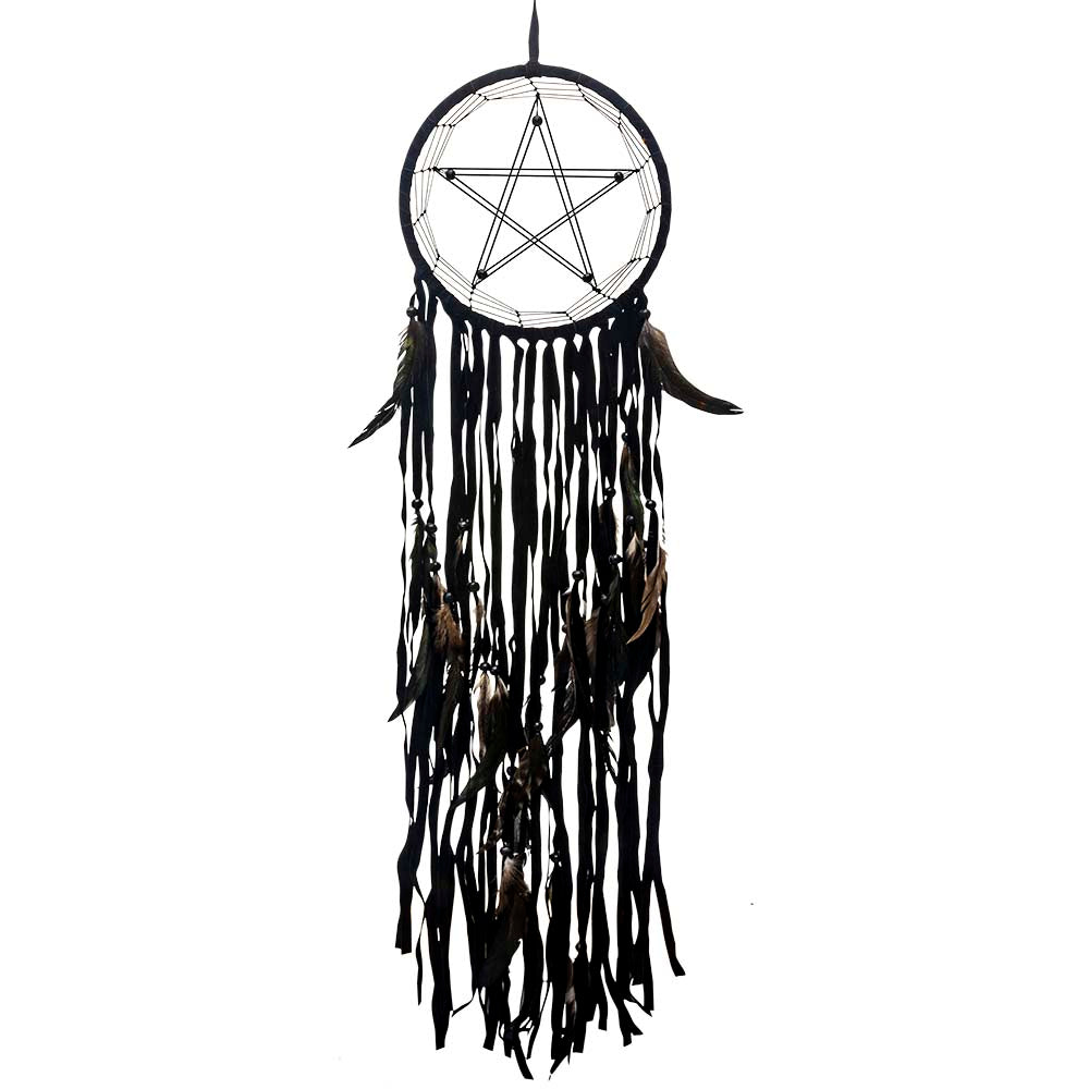 Capteur de rêves Pentacle noir avec perles et plumes – Protection