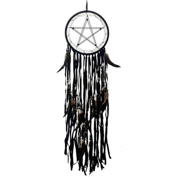 Capteur de rêves Pentacle noir avec perles et plumes – Protection