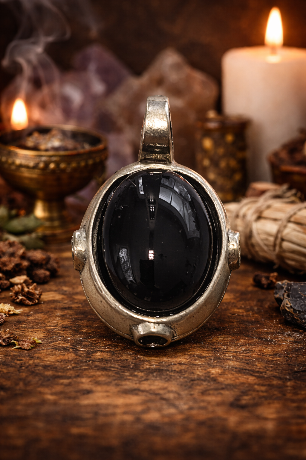 Pendentif Miroir Magique (étain et obsidienne)