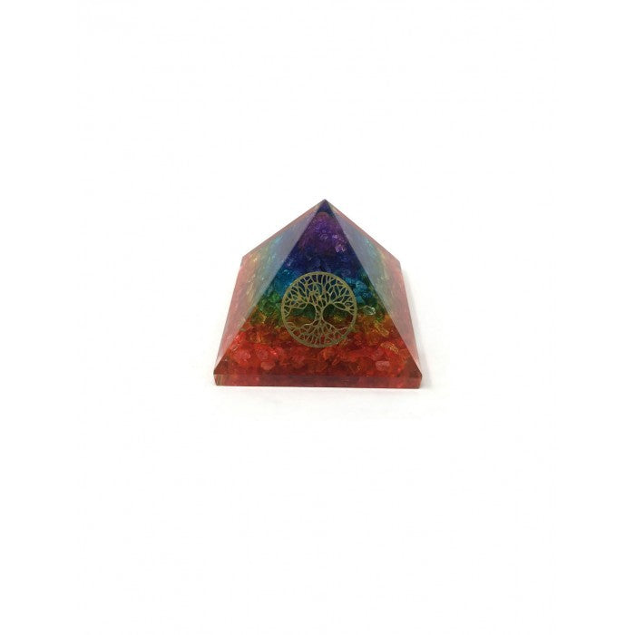 Pyramide en orgonite pierres chakras avec symbole de l’Arbre de Vie